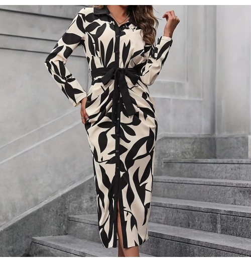 New Vacation Printed Button Up Long Sleeved Dress With Belt And Elegant women's Dresses New Vacation Printed Button Up Long Sleeved Dress With Belt And Elegant women's Dresses
