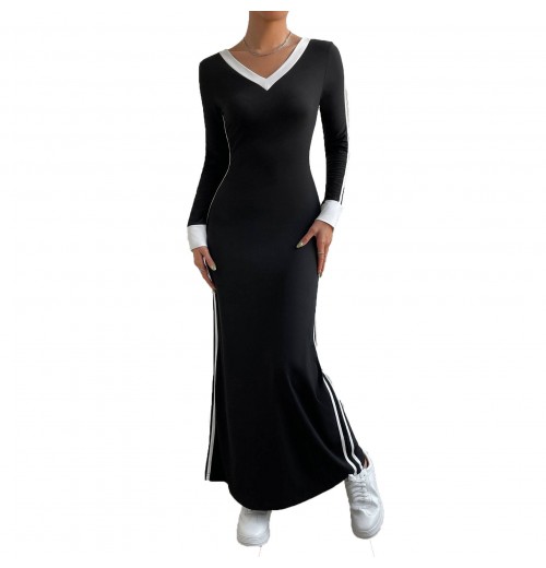 Hot Sale Custom Women's Contrast Trim V Neck Dress Fashion Slim Fit Long Sleeve Sporty Maxi Dress Hot Sale Custom Women's Contrast Trim V Neck Dress Fashion Slim Fit Long Sleeve Sporty Maxi Dress