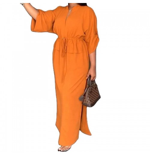 streetwear women's clothing new ladies dresses women lady elegant temperament V-neck tie waist loose casual slit women dress streetwear women's clothing new ladies dresses women lady elegant temperament V-neck tie waist loose casual slit women dress