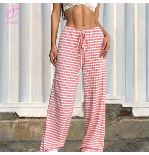 Loveda Hot Selling Women Casual Striped Solid Elastic Drawstring Cotton Straight Leg Pants Loveda Hot Selling Women Casual Striped Solid Elastic Drawstring Cotton Straight Leg Pants