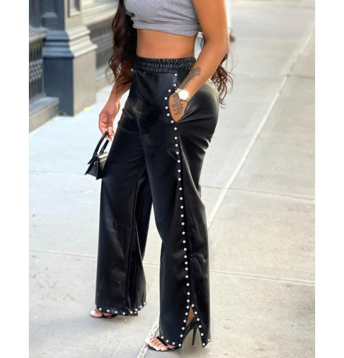 Customizable Straight-Leg PU Leather Wide-Leg Trousers for Women with Waist Logo Placement Customizable Straight-Leg PU Leather Wide-Leg Trousers for Women with Waist Logo Placement