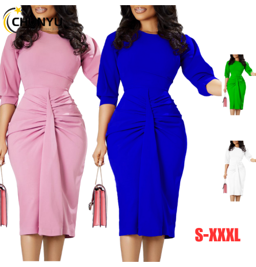 Women's Fashion Slim Casual Crew Neck Long Sleeve Work Office Business Bodycon Ruched Pencil Package Hip Midi Dress Women's Fashion Slim Casual Crew Neck Long Sleeve Work Office Business Bodycon Ruched Pencil Package Hip Midi Dress