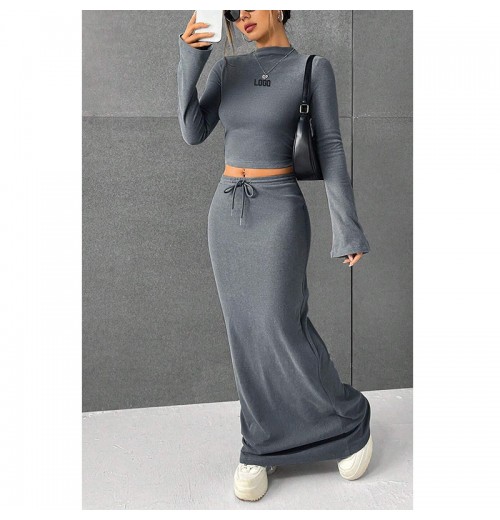F230699 Custom Women Fall Winter Fashion Clothes Two Piece O-neck Sexy Long-sleeved Crop Top Shirt And Long Maxi Skirt Dress Set F230699 Custom Women Fall Winter Fashion Clothes Two Piece O-neck Sexy Long-sleeved Crop Top Shirt And Long Maxi Skirt Dress Set