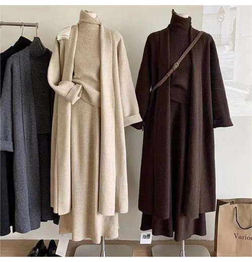 Gentle style knitted sweater three piece set for women's autumn and winter item slimming and loose sweater cardigan skirt set Gentle style knitted sweater three piece set for women's autumn and winter item slimming and loose sweater cardigan skirt set