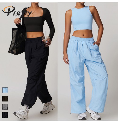 2024 Breathable Street Style Cargo Pants Women's Streetwear Draw Rope Design Casual Multi-pocket Running Loose Fitness Pants 2024 Breathable Street Style Cargo Pants Women's Streetwear Draw Rope Design Casual Multi-pocket Running Loose Fitness Pants