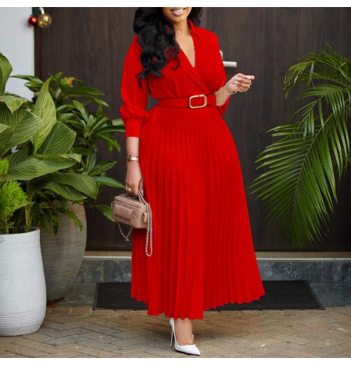 Wholesale Ladies Long Dress With Belt women's clothing Party Pleated Dress Long Sleeve women's dresses Wholesale Ladies Long Dress With Belt women's clothing Party Pleated Dress Long Sleeve women's dresses
