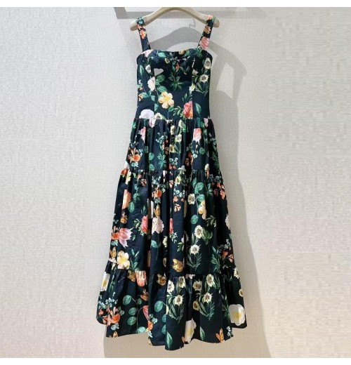100%Cotton Dress 2025 Spring Summer Designer Fashion Women Spaghetti Strap Vintage Floral Print Midi Party Elegant Dress Luxury 100%Cotton Dress 2025 Spring Summer Designer Fashion Women Spaghetti Strap Vintage Floral Print Midi Party Elegant Dress Luxury